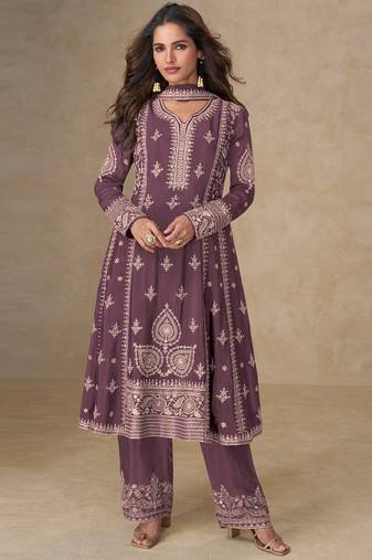 Dark peach chinon silk embroidered designer salwar suit