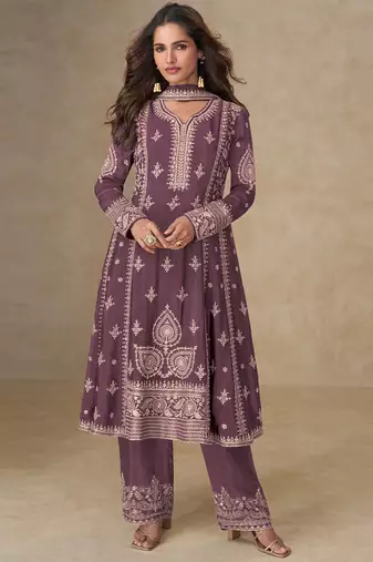 Dark peach chinon silk embroidered designer salwar suit