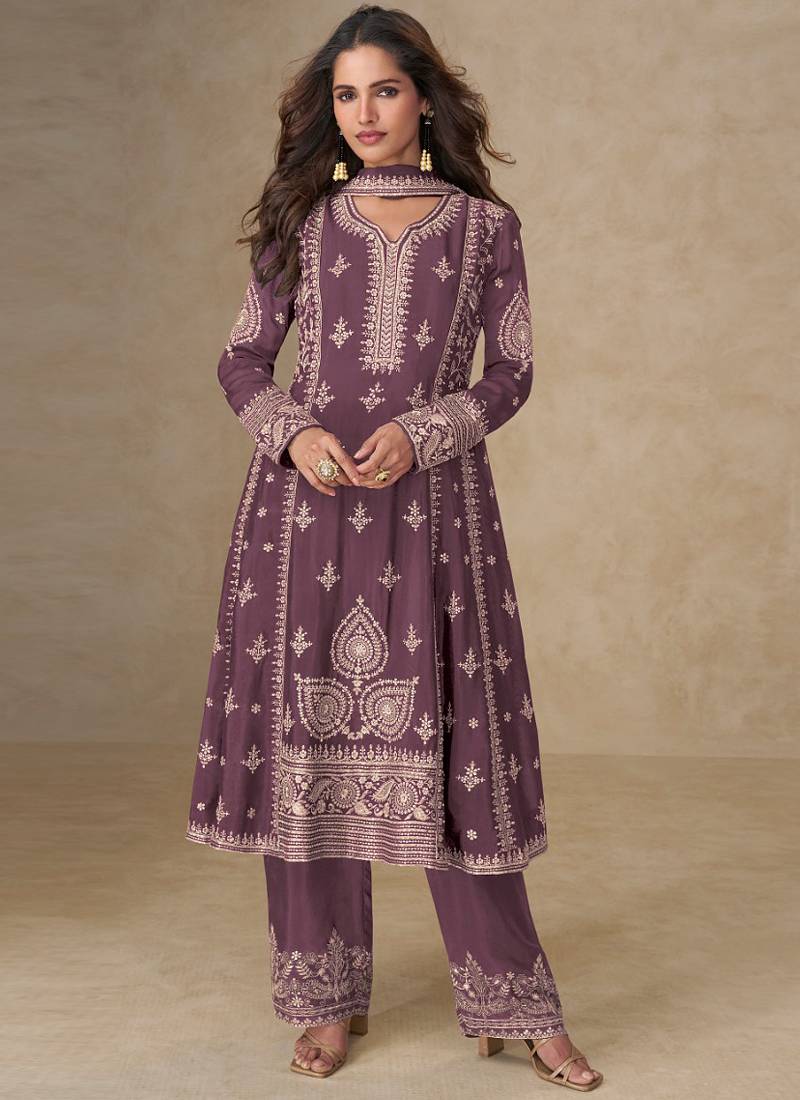 Dark peach chinon silk embroidered designer salwar suit