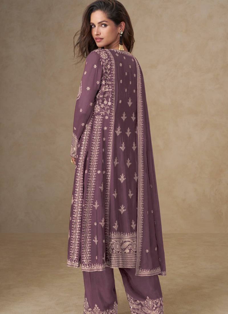 Dark peach chinon silk embroidered designer salwar suit