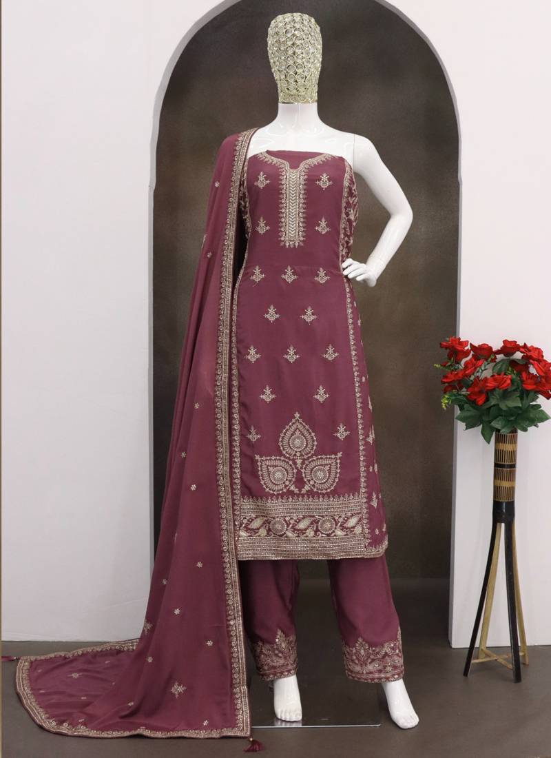 Dark peach chinon silk embroidered designer salwar suit