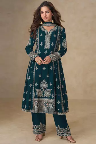 Blue chinon silk embroidered designer salwar suit
