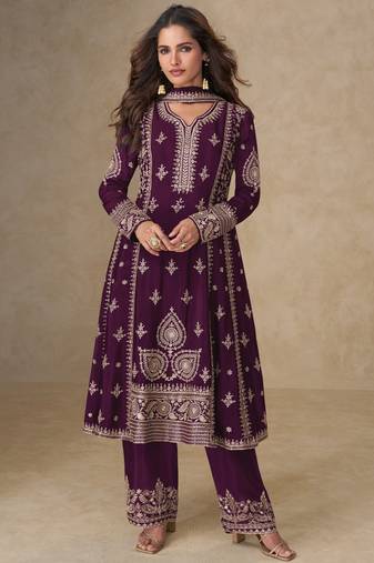 Purple chinon silk embroidered designer salwar suit