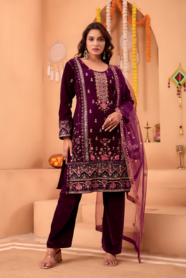 Purple velvet sequin embroidery work suit pant with dupatta 2