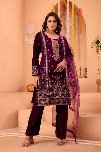 Purple velvet sequin embroidery work suit pant with dupatta