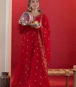 Red Embroidered work gown palazzo with dupatta set