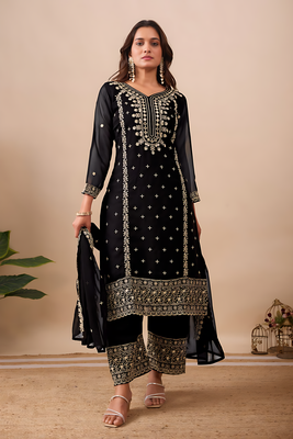 Black embroidery sequin work top pent with dupatta set 1