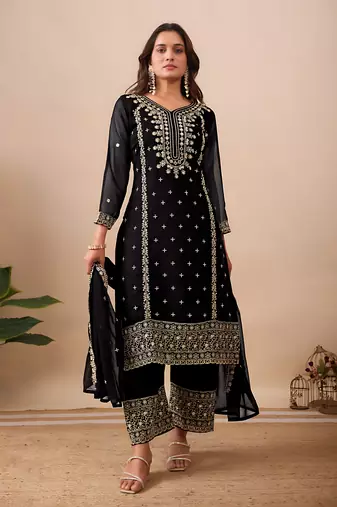 Black embroidery sequin work top pent with dupatta set