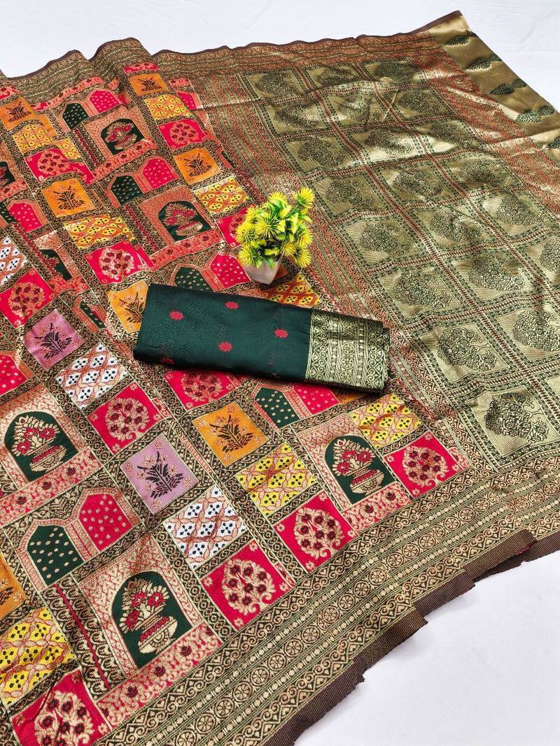 New Designer Colorful Woven Art Silk Wedding Wear Saree Set For Women's 