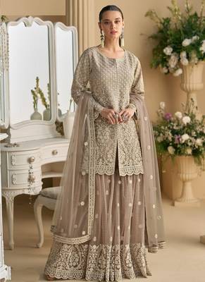Beige net embroidered sequence designer sharara suit 1