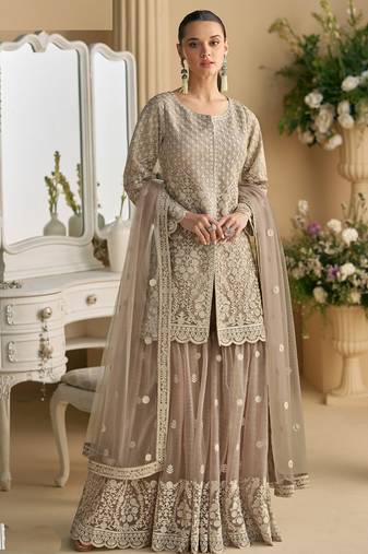 Beige net embroidered sequence designer sharara suit