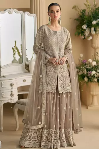 Beige net embroidered sequence designer sharara suit