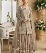 Beige net embroidered sequence designer sharara suit