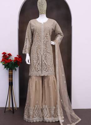 Beige net embroidered sequence designer sharara suit 2