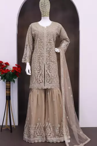Beige net embroidered sequence designer sharara suit
