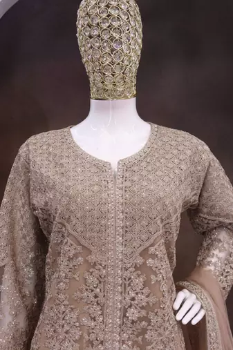Beige net embroidered sequence designer sharara suit