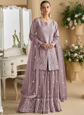 Onion pink net embroidered sequence designer sharara suit 1