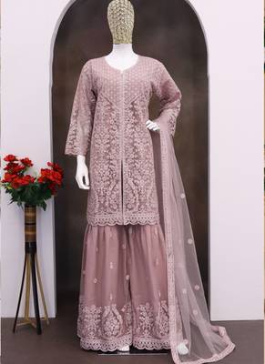 Onion pink net embroidered sequence designer sharara suit 2