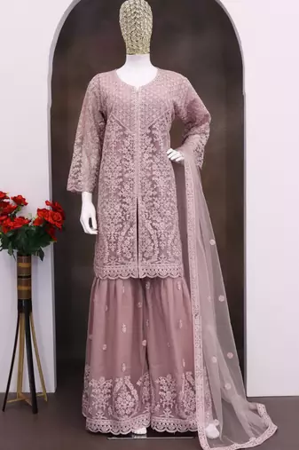 Onion pink net embroidered sequence designer sharara suit