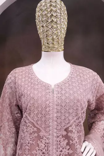 Onion pink net embroidered sequence designer sharara suit