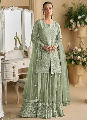 Lime green net embroidered sequence designer sharara suit 1