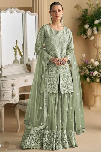 Lime green net embroidered sequence designer sharara suit