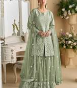 Lime green net embroidered sequence designer sharara suit