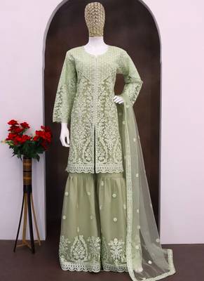 Lime green net embroidered sequence designer sharara suit 2