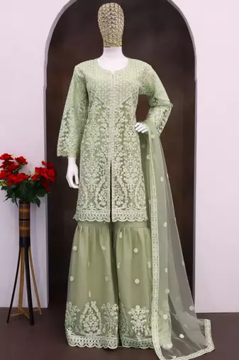 Lime green net embroidered sequence designer sharara suit