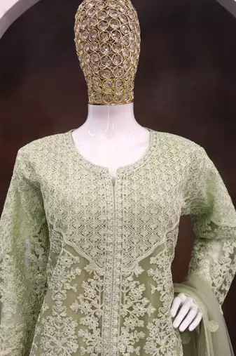Lime green net embroidered sequence designer sharara suit