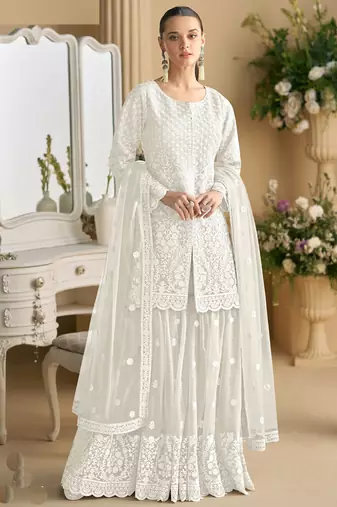 Off white net embroidered sequence designer plazzo suit