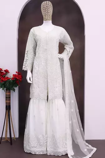 Off white net embroidered sequence designer Palazzo suit