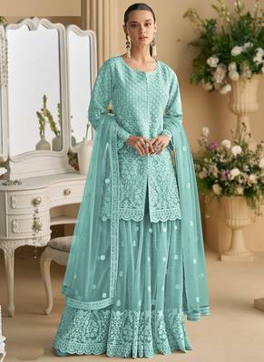 Turquoise net embroidered sequence designer Palazzo suit 1