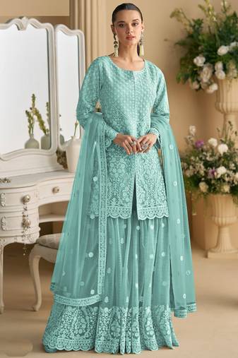 Turquoise net embroidered sequence designer plazzo suit