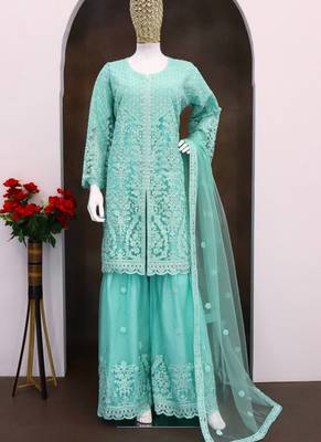 Turquoise net embroidered sequence designer Palazzo suit 2
