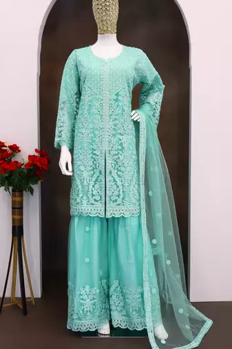 Turquoise net embroidered sequence designer Palazzo suit