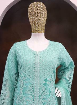 Turquoise net embroidered sequence designer Palazzo suit 3