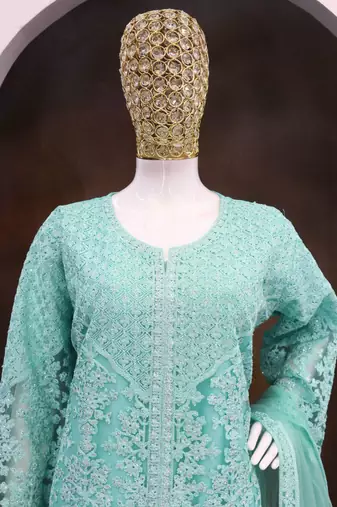 Turquoise net embroidered sequence designer Palazzo suit