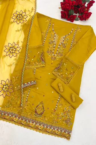 Yellow cotton embroidered Embroidered suit-Full Stitched Free size