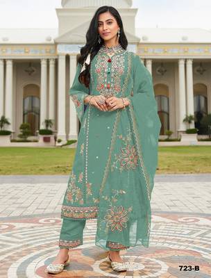 Blue cotton embroidered Embroidered suit-Full Stitched Free size 1