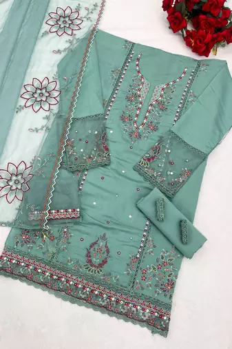 Blue cotton embroidered Embroidered suit-Full Stitched Free size