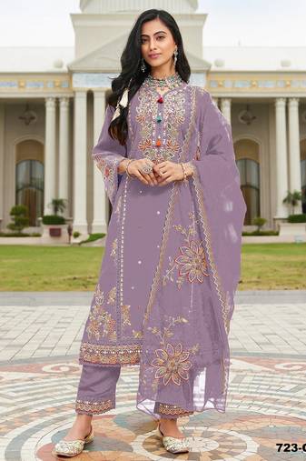Purple heavy cotton embroidered semi stitched suits