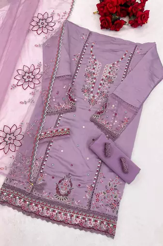Purple cotton embroidered Embroidered suit-Full Stitched Free size