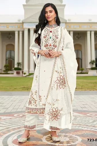 White heavy cotton embroidered semi stitched suits