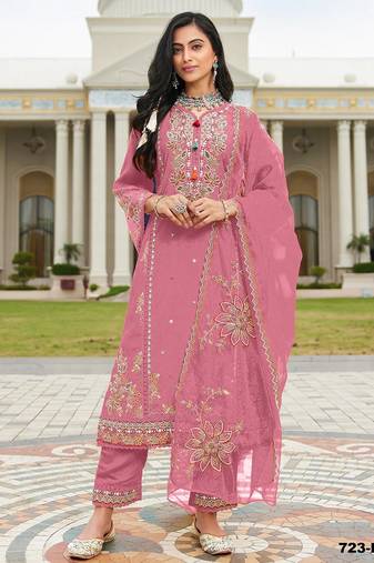 Pink heavy cotton embroidered semi stitched suits