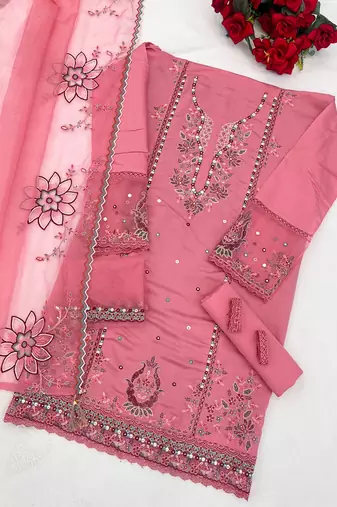 Pink cotton embroidered Embroidered suit-Full Stitched Free size