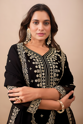 Black embroidery sequin work top pent with dupatta set 2