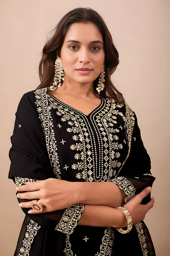 Black embroidery sequin work top pent with dupatta set