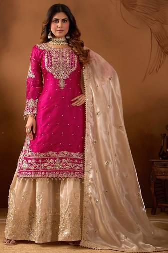 Rani Pink & Cream Heavy Silk Embroidered Palazzo Suit 