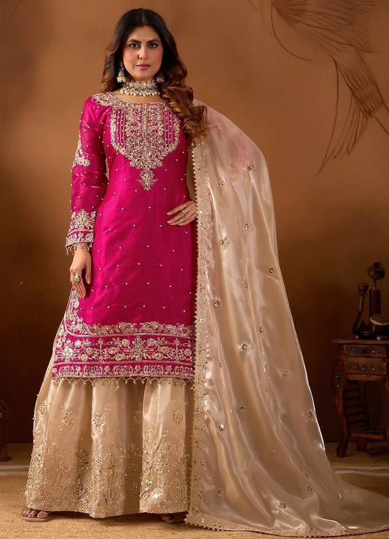 Rani Pink & Cream Heavy Silk Embroidered Palazzo Suit 